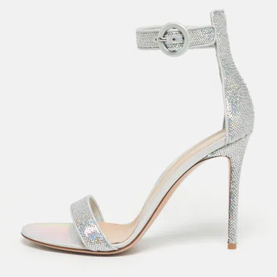 Pre-owned Gianvito Rossi Silver Iridescent Leather And Sequins Portofino Ankle Strap Sandals Size 42