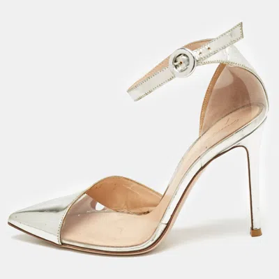 Gianvito Rossi Silver Leather And Pvc Anise Pointed Toe Ankle Strap Pumps