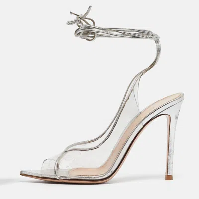 Pre-owned Gianvito Rossi Silver Leather And Pvc Denise Ankle Wrap Sandals Size 36