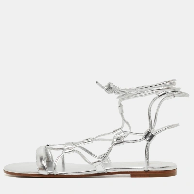Pre-owned Gianvito Rossi Silver Leather Ankle Wrap Flat Sandals Size 37