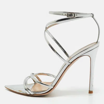 Pre-owned Gianvito Rossi Silver Leather Kim Ankle Wrap Sandals Size 37.5