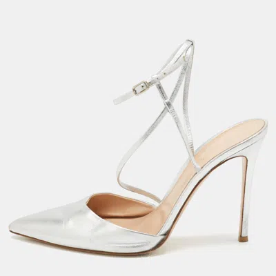 Gianvito Rossi Silver Leather Pointed Toe Ankle Strap Pumps
