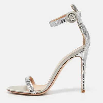 Pre-owned Gianvito Rossi Silver Sequins Montecarlo Ankle Strap Sandals Size 37