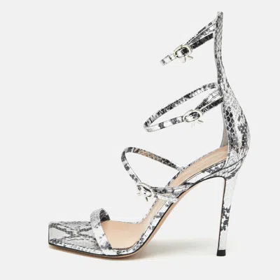 Pre-owned Gianvito Rossi Silver Snakeskin Embossed Leather Ribbon Uptown Sandals Size 38