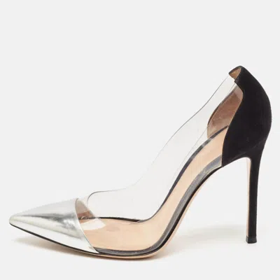 Gianvito Rossi Silver/black Leather And Pvc Plexi Pointed Toe Pumps In White