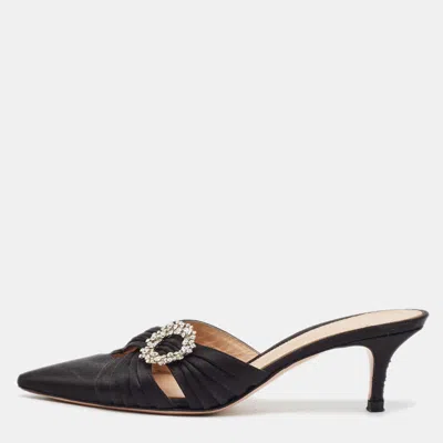 Pre-owned Gianvito Rossi Size 38 Black Pleated Satin Crystal Embellished Pointed Toe Mules