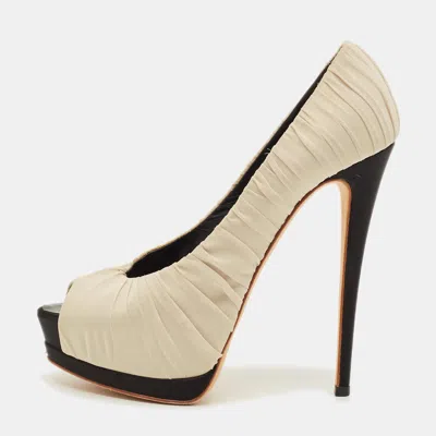 Pre-owned Gianvito Rossi Size 38.5 Beige Ruched Fabric Peep Toe Platform Pumps In Sand