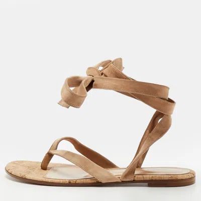 Pre-owned Gianvito Rossi Size 38.5 Brown Suede Ankle Wrap Flat Sandals