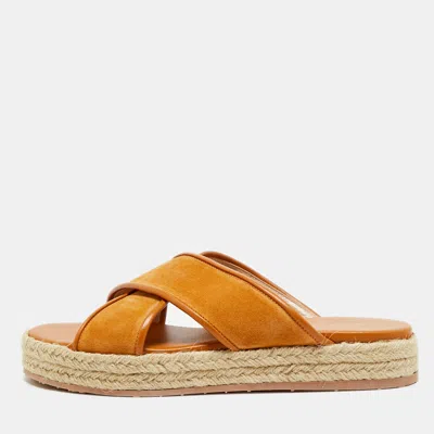 Pre-owned Gianvito Rossi Size 38.5 Tan/brown Suede And Leather Espadrille Slides