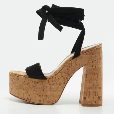 Pre-owned Gianvito Rossi Size 39 Black Suede Cork Platform Block Heel Ankle Wrap Sandals