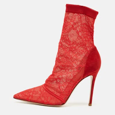 Pre-owned Gianvito Rossi Size 39.5 Red Lace And Suede Ankle Length Boots
