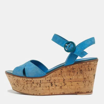Pre-owned Gianvito Rossi Size 40 Blue Suede Cork Wedge Ankle Strap Sandals