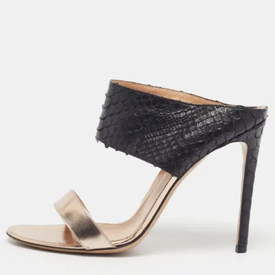 Pre-owned Gianvito Rossi Size 40.5 Black/gold Leather And Python Leather Slide Sandals
