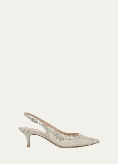 Gianvito Rossi Strass Organza Kitten-heel Slingback Pumps In Silver Nude