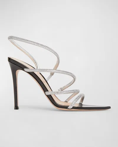 Gianvito Rossi Strass Patent Strappy Cocktail Sandals In Silver/black