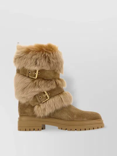 GIANVITO ROSSI SUEDE AND FUR ANKLE BOOTS WITH BUCKLE DETAIL