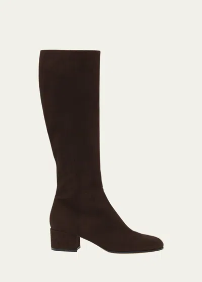 Gianvito Rossi Suede Block-heel Knee Boots In Moka