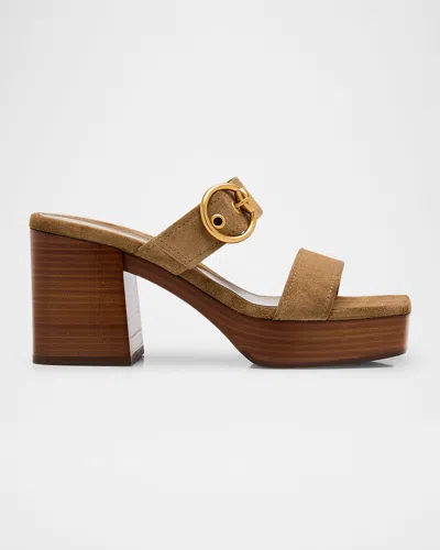 Gianvito Rossi Suede Buckle Dual-band Platform Slide Sandals In Camel