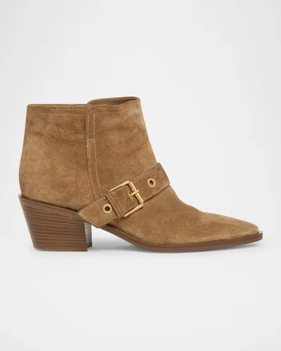 Gianvito Rossi Suede Buckle Moto Booties In Camel