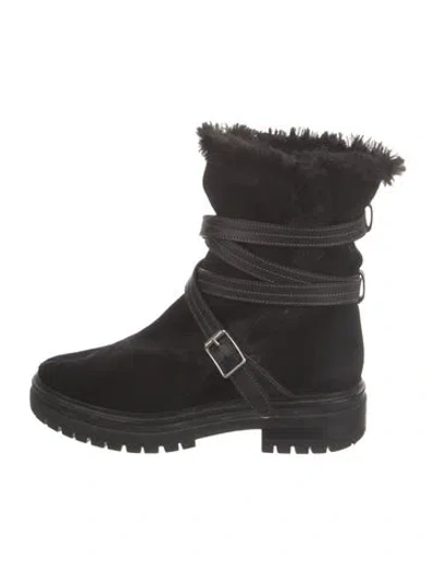 Pre-owned Gianvito Rossi Suede Fur Trim Combat Boots In Black