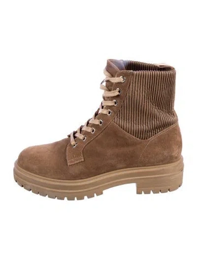 Pre-owned Gianvito Rossi Suede Leather Trim Embellishment Combat Boots In Brown
