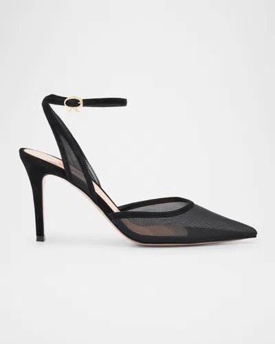 Gianvito Rossi Suede Organza Ankle-strap Pumps In Black