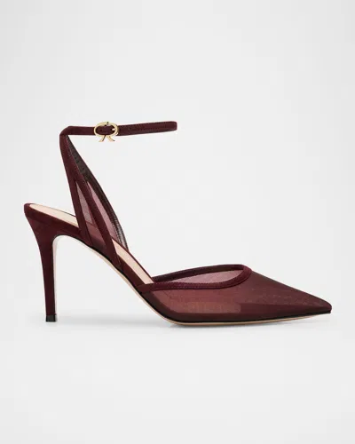 GIANVITO ROSSI SUEDE ORGANZA ANKLE-STRAP PUMPS