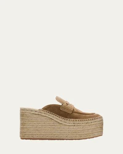 Gianvito Rossi Suede Penny Loafer Platform Espadrille Mules In Brown