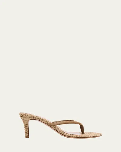 Gianvito Rossi Suede Raffia Heeled Thong Sandals In Camele Natural