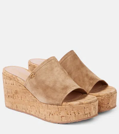 Gianvito Rossi Suede Wedge Mules In Brown