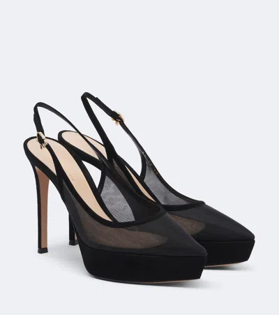 Gianvito Rossi Suede-trimmed Mesh Platform Slingback Pumps In Black