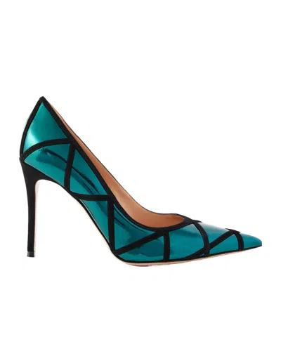Gianvito Rossi 95 Suede-trimmed Mirrored-leather Pumps In Blue