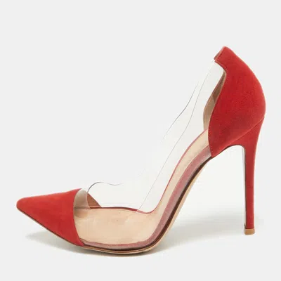 Pre-owned Gianvito Rossi Transparent/red Suede And Pvc Plexi Pointed Toe Pumps Size 38.5