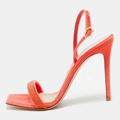 Pre-owned Gianvito Rossi Two Tone Velvet Crystal Embellished Britney Chenille Sandals Size 38.5 In Orange