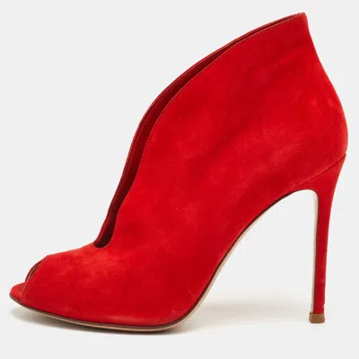 Pre-owned Gianvito Rossi Vamp Size 37 Bright Red Suede Peep Toe Ankle Booties