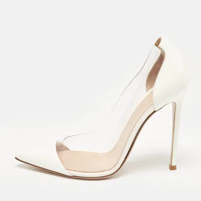 Pre-owned Gianvito Rossi White Patent Leather And Pvc Plexi Pointed Toe Pumps 38.5
