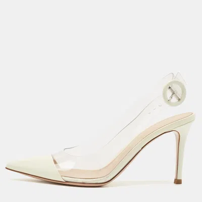 Pre-owned Gianvito Rossi White Patent Leather And Pvc Slingback Pumps Size 36.5