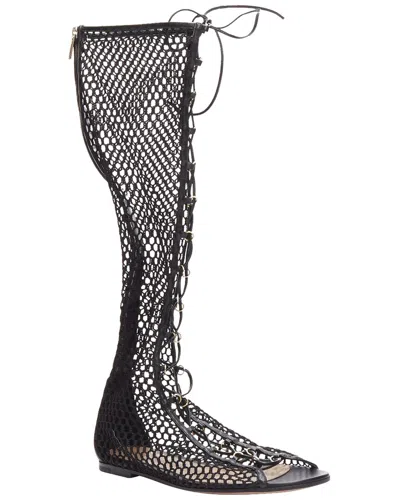 Gianvito Rossi Women's Leather Helena Crochet Mesh Rings Lace Up Sandal  (authentic Pre-loved) In Black