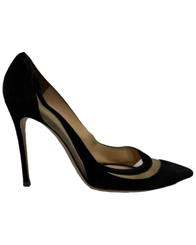 Pre-owned Gianvito Rossi Women's Suede Mesh Accent Pointed-toe Pump (authentic Pre-loved) In Black