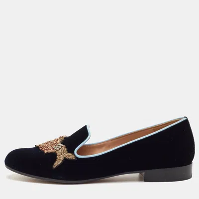 Pre-owned Gianvito Rossi X Mary Katrantzou Size 37 Navy Blue Velvet Fish Embroidered Slip On Loafers