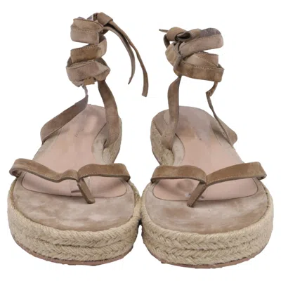 Pre-owned Gianvito Rossi Yasmine Embellished Raffia-trimmed Sandals In Brown Suede