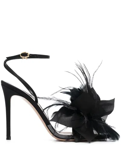 Gianvito Rossi Black Ynez Sandals Embellished With Feathers