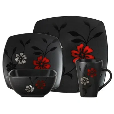 Gibson 16 Piece Evening Blossom Dinnerware Set In Black;red