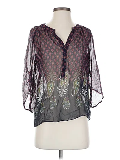 Pre-owned Gibson 3/4 Sleeve Silk Top Gray Plunge Neckline Tops