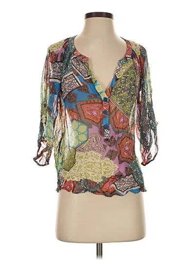 Pre-owned Gibson 3/4 Sleeve Silk Top Green Plunge Neckline Tops