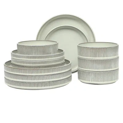 Gibson Elite 12 Piece (service For 4) Townscape Plates And Bowls Reactive Glaze Embossed Round Dishes Terracotta  In White