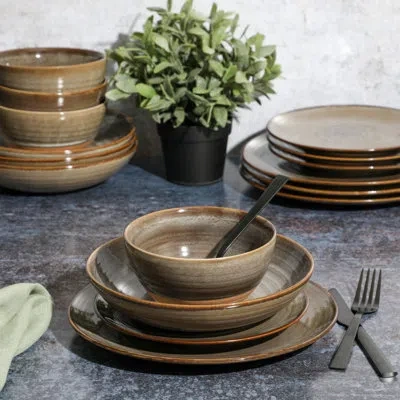 Gibson Elite 16 Piece Dreamweaver Double Bowl Terracotta Reactive Dinnerware Set In Earthy Brown