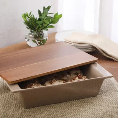 Gibson Elite 2.75-quart 13.5" X 8.5" Stoneware Baking Dish With Acacia Wood Lid – Taupe Rectangular Oven Safe Bak