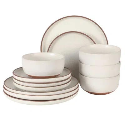 Gibson Elite Abbey Circle 12 Piece (service For 4) Plates And Bowls Reactive Matte Glaze Dishes Stoneware Ceramic In White