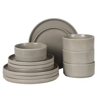 Gibson Elite Avant-garde 12 Piece Stoneware Dinnerware Set For 4, Chateau Grey Plates And Bowls Set With Reactive
